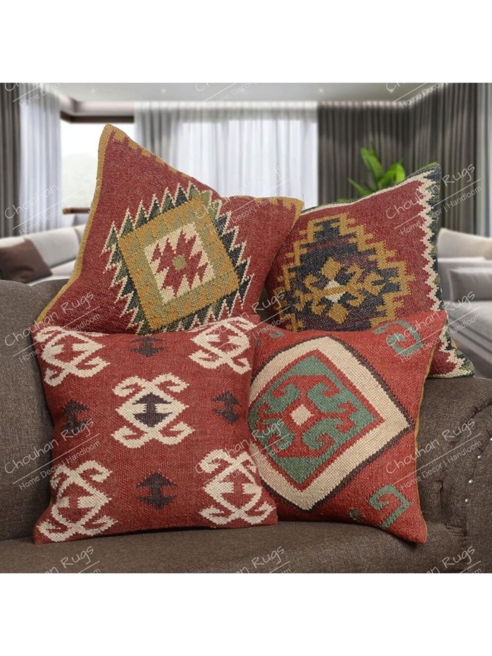Hand Woven Jute Kilim Cushion Covers Set of 4 | Vintage Boho Pillows 18x18
